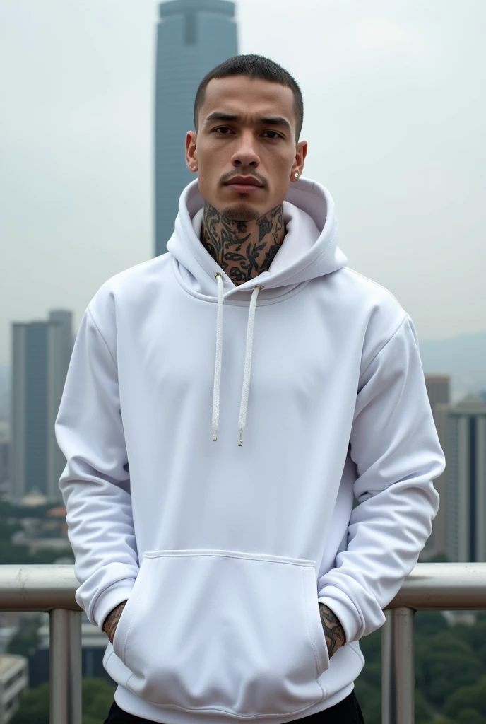 Male smouldering model with few tattoos, strong, from Taipei ,full body photo angle wearing a pure white cotton zip-up sweatshirt with kangaroo pocket, hooded with a taipei 101 backgroun, picture from his back 