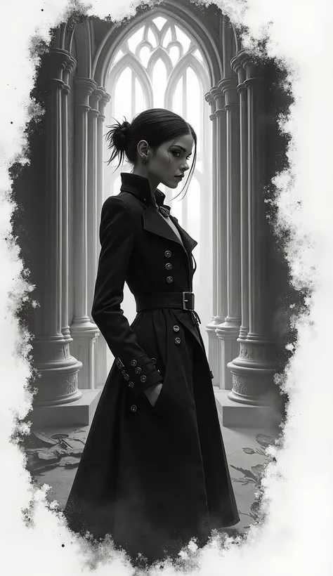 hyperrealistic concept, video game art style black graphics, casual video game style, white background, torn background, exposed composition, black watercolor paint, rich shadows, girl in steampunk tailcoat, gothic cathedral,