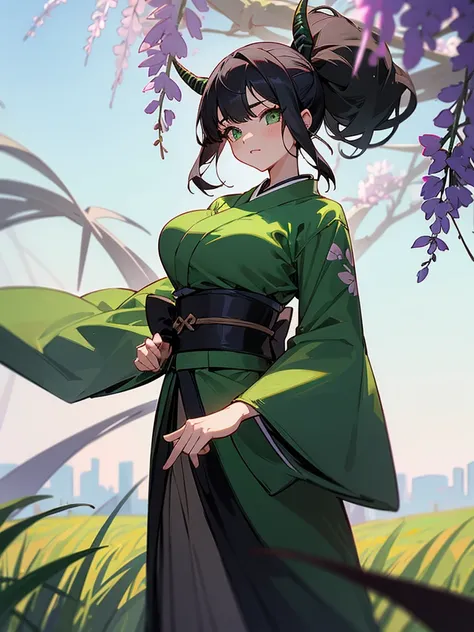 High Resolution, one girl, black hair with a bow, green eyes, big breasts, shes wearing a demon slayer uniform with a green flowery kimono. Shes standing in a field of wysteria