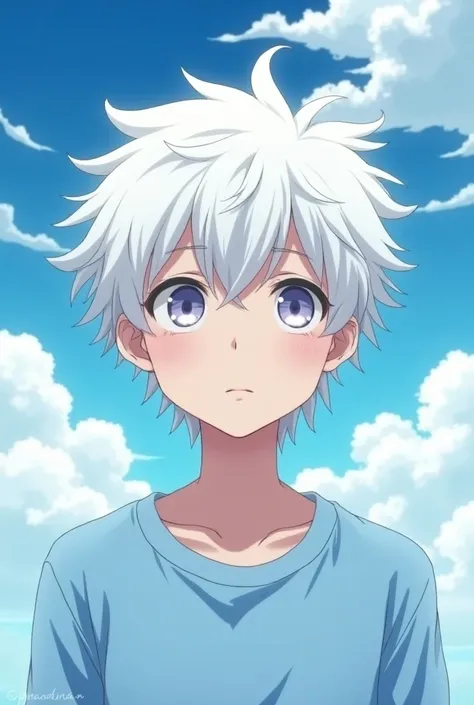 An anime-style image of a 15-year-old white-haired male boy wearing a light blue shirt against a background of a Jujutsu Kaisen-style sky