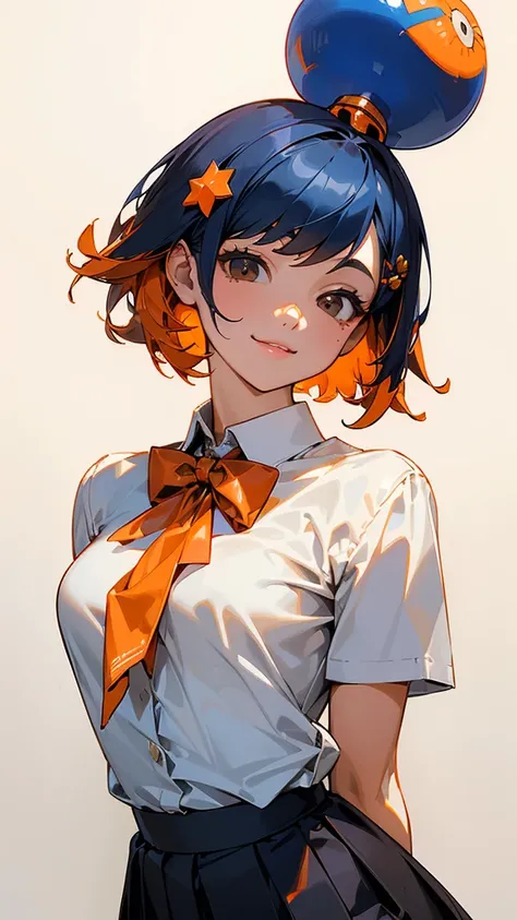 woman、(( dark blue hair 、 short hair、 jet black brown eyes 、 orange hair ornament ))、bow ribbon 、Girl posing for a photo in a white blouse shirt 、 pleated skirt 、High School Uniform、 upper body closeup、smile、 simple background