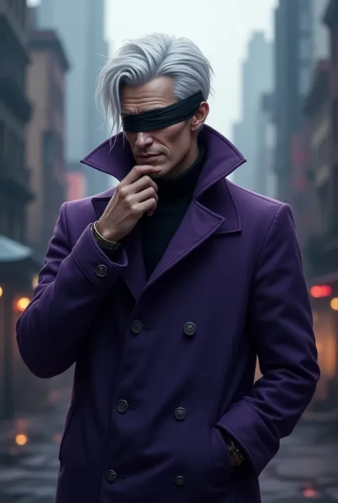  Portrait of a man with not very long white hair . 
no beard .
 Wearing a purple overcoat closed with gray buttons  .
A white bandage around the eyes covering up a bit of the nose.
 Posing with one hand in his pocket and the other hand lifting the bandage ...