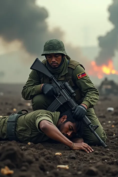 "An Indonesian soldier kneeling on a battlefield, protecting an injured comrade. The soldier is wearing a camouflage uniform with Indonesian army insignia, showing determination and courage as he holds his weapon ready while shielding his friend. The injur...