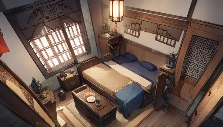 chinese kingdom small bedroom, small bed room, no human