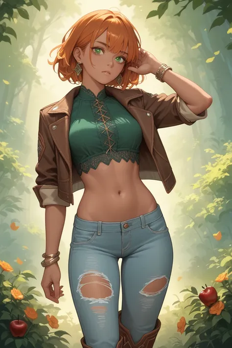 Beautiful woman with a voluptuous body, Caucasian tanned skin , emerald colored eyes,  shaved orange hair with long bangs ,  Short apple green blouse with bare navel,  ripped pants leaving the navel exposed , Cowboy boots, earrings and bracelets , jacket l...