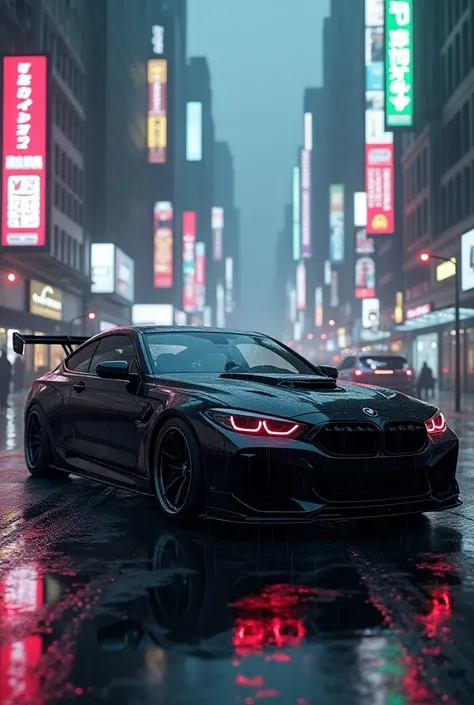 A black color bmw car modified in rain cyberpunk and biddings written the billbord " MUSA GORAYA " Ultra realistic 8x