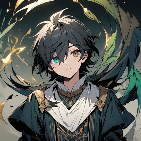 A young adult, medieval magician, with heterochromia in the eyes, right eye green and left eye brown,  Short black hair , with black clothes and dark blue and white details