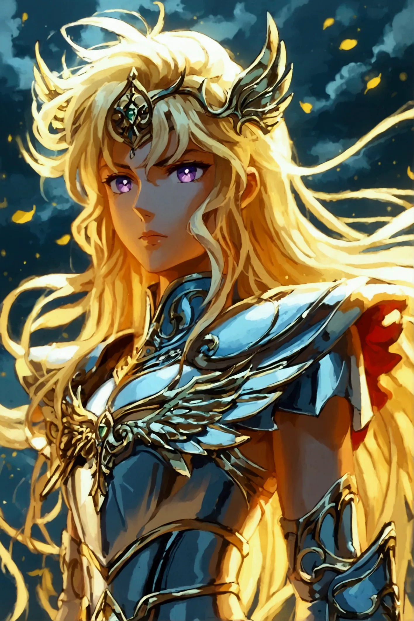 draw an 18-year-old athena in a kamui armor inspired by *saint seiya*, exuding wisdom, strength, and an aura of divine authority...