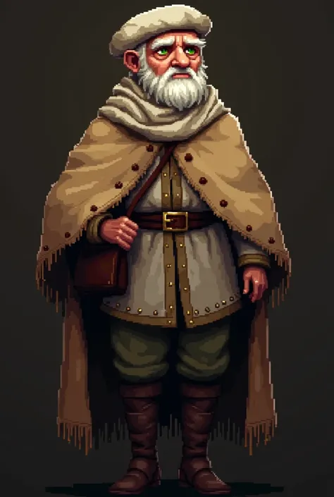 (Pixel art: 1.2), side view of an elderly medieval researcher character, around 60 years old, white skin, green eyes, wearing a clean white tunic with earthy brown accents, a simple white beret, comical expression, thin frame, white scarf around the neck, ...