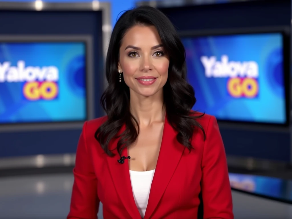 "A close-up of a female news anchor in a professional news studio, directly facing the camera. She has dark hair, green eyes, and is wearing a red blazer, white shirt, and a short black skirt, though only her upper body is visible in this shot. Behind her,...