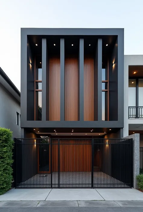 Facade of my house with 3 columns 30x20 cm with rectified black ceramic and backgrounds with slatted wood-style ceramic.  On the façade there is an aluminum gate on the left,  measures 3 meters by 2 .5 in height .  And on the right side a black grid gate ,...