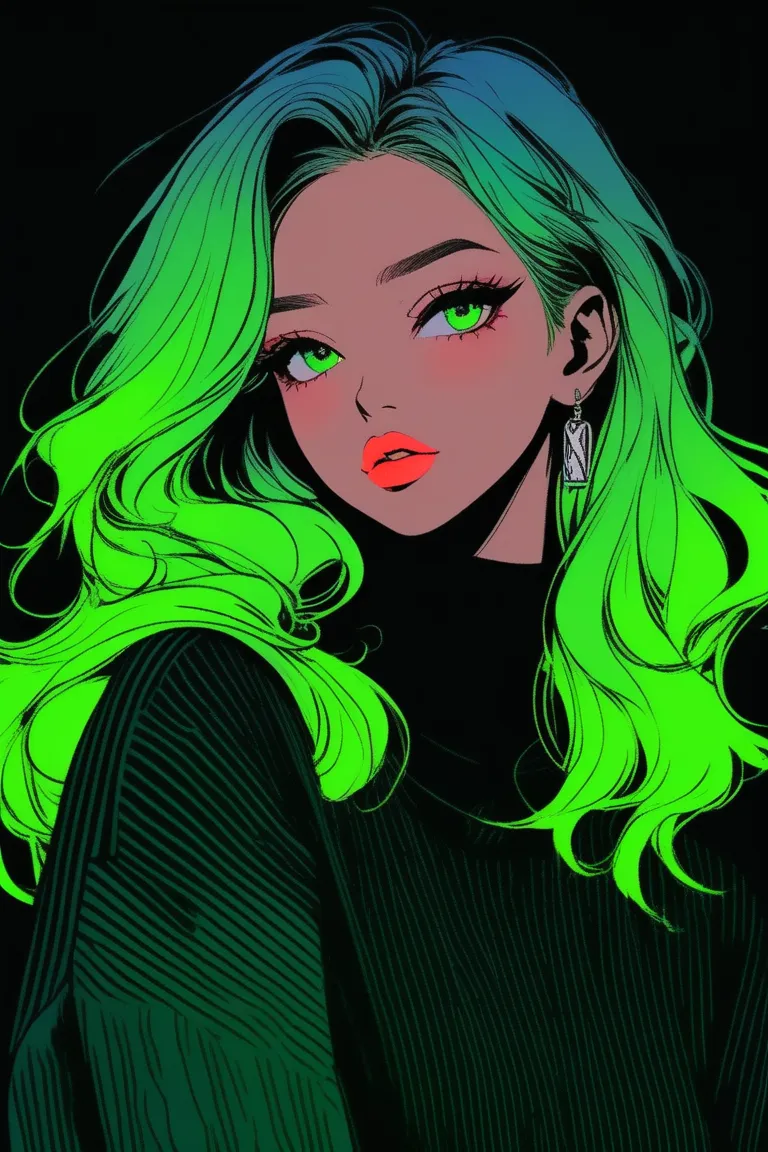 (best quality, sketch:1.2),realistic,illustrator,anime,1 girl, detailed lips, sweater, custom, green gradient background, neon h...