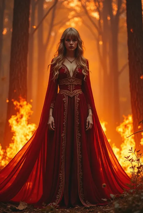 Taylor Alisson Swift in a forest on fire wearing sorceress clothes 