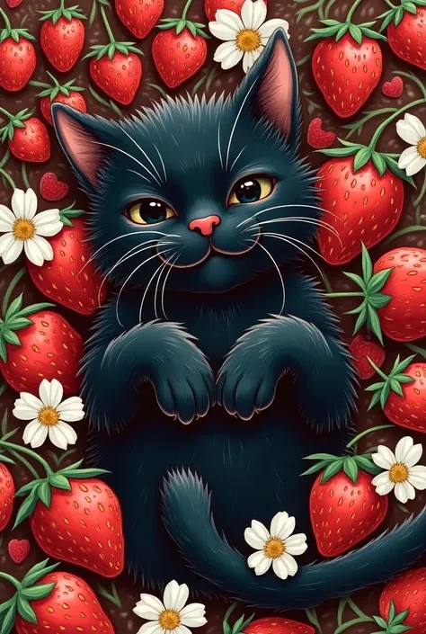 Sweet black cat lying on her back in a strawberry garden, her head is lovingly tilted, full of white strawberry flowers and fruit of strawberry. The cat smiles trusting to the viewer. tattoo, line art, warm, lovely