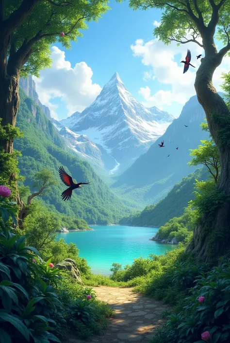 the beautiful jungle,the mountains,the lake and the birds