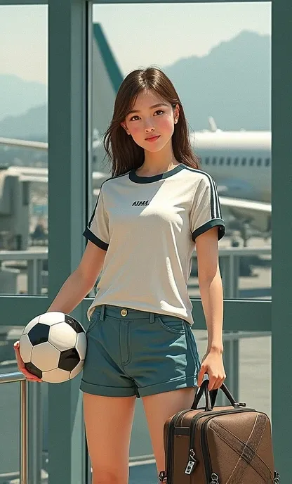 Perfect body height, cute face, standing with a soccer ball and a laptop bag, Airplane at the back ground 