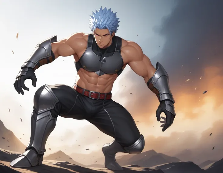 score_9, score_8_up, score_7_up, source_anime, BREAK 1man, solid dude, middle muscular, heroic ikemen, light blue hair, spiked hair slicked back, forehead, tsurime, red eyes, toned body, tanned skin, sharp eyes, BREAK abs, black armor, croptop armor, sleev...