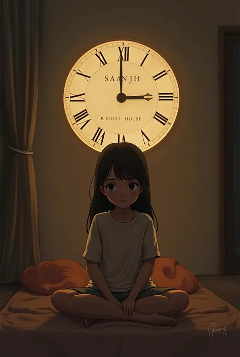 A  girl whos sitting on chair and his behind wall clock and glow lattering logo thats in "Saanjh Rest House "make sure the taxt is not misspelled. 