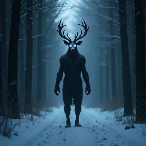 A dark winter forest, snowing, A menacing shadow standing in the distance In an empty, snowy path, The figure being tall, With Deer kinda legs, And long arms that reach the floor, Its whole body A shadow, With tuffs of fur around its body, White, Glowing, ...