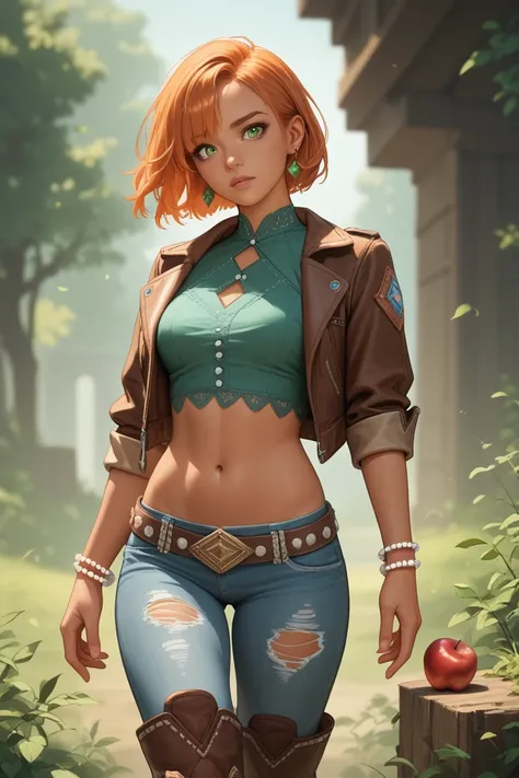 Beautiful woman with a voluptuous body, Caucasian tanned skin , emerald colored eyes, shaved orange hair with bangs ,  Short apple green blouse with bare navel,  ripped pants leaving the navel exposed , Cowboy boots,  earrings and pearl and diamond bracele...