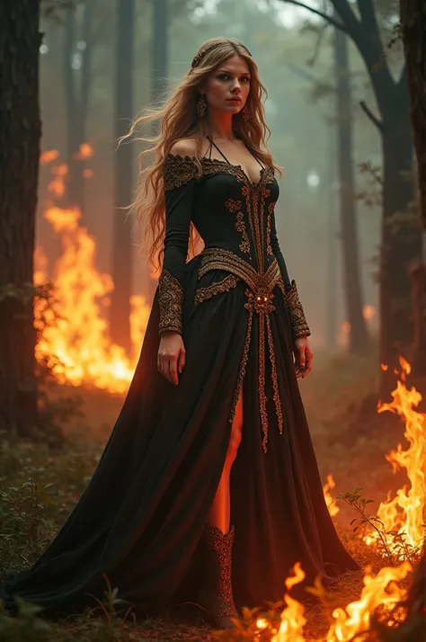 Singer Taylor Alisson Swift in a forest on fire wearing sorceress clothes 