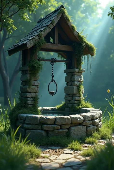 Generate in cinematic 3d cartoon style**An old, abandoned well located on the outskirts of a quiet village. The well is surrounded by overgrown grass, with an eerie and mysterious look, casting shadows in the dim light.