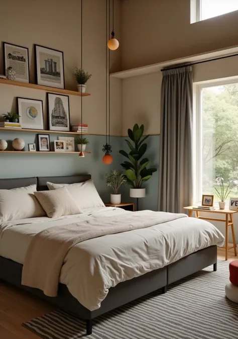 A Gemini persons bedroom focuses on elements that reflect their versatile, curious and creative energy. A space full of personality and dynamism. The walls are painted in a soft shade of light grey, a vibrant light blue accent wall adds a youthful and refr...