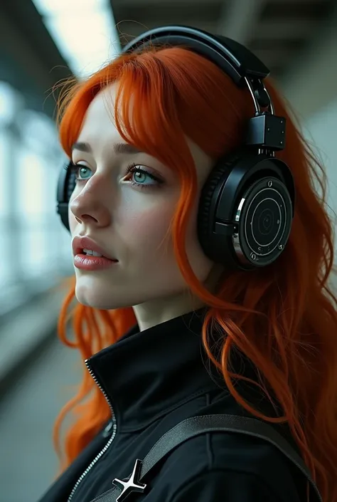 redhead woman,Headset for listening to music,beautiful face,stylish,cyber punk