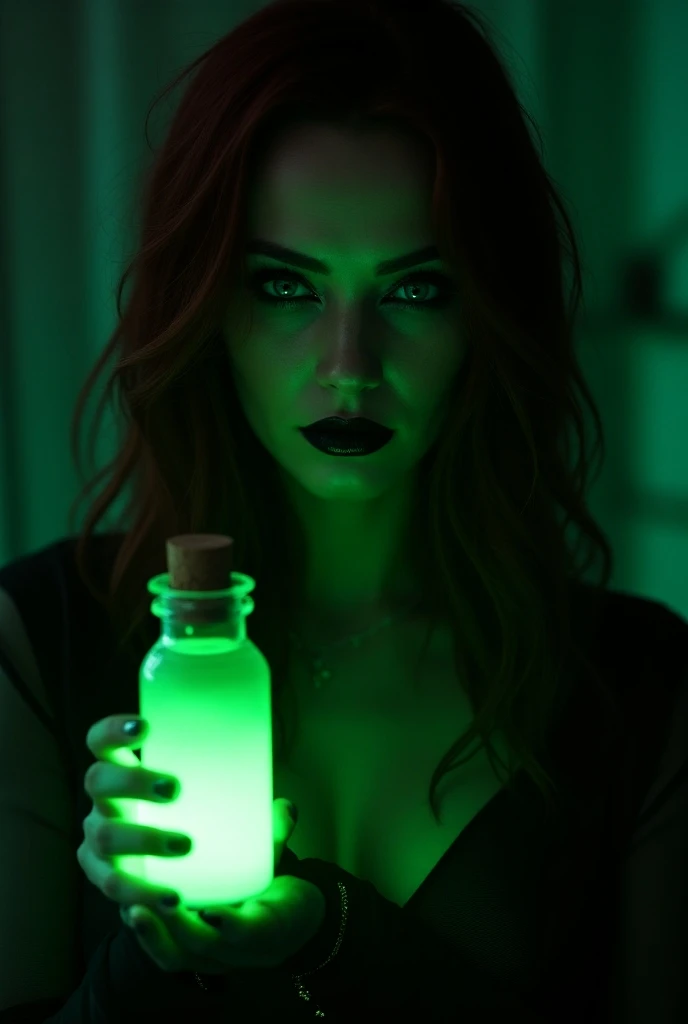 Beautiful woman with a vial of neon green-glowing liquid and a fearless smile, dark red long hair, black lips, black eyeshadow, black eyeliner, blue eyes