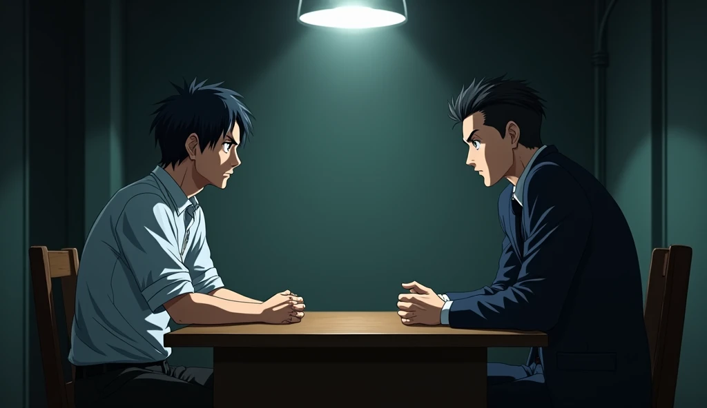 An interrogation room with Detective Todo and the suspect, Murata, seated at opposite sides of a table. Murata, a middle-aged(50 years old) Japanese man and black hair with wrinkles, thinning hair, and a slightly overweight build, wears casual clothes and ...