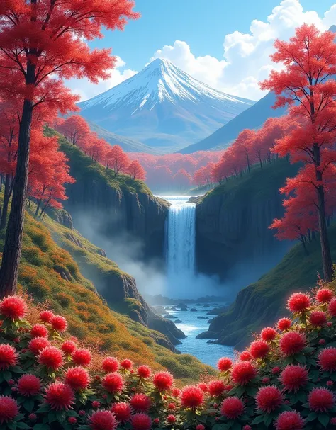 hill in hokkaido , red cockscomb flowers, red maple trees and mountains, beautiful waterfall, bright sky morning, red authum atmosphere 