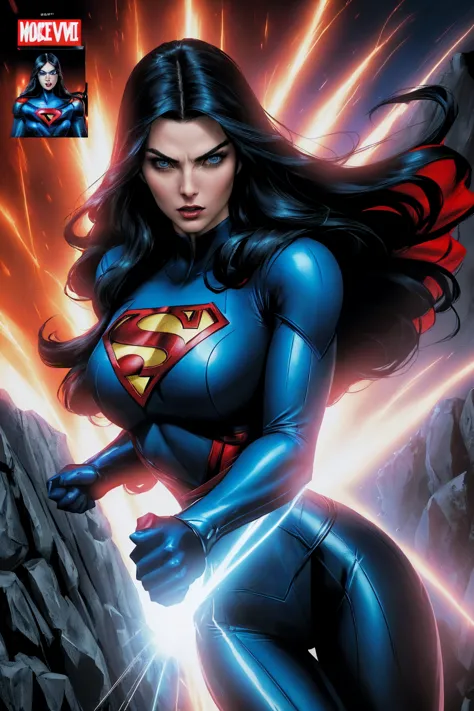 a woman with long black hair and blue eyes, wearing a red and blue superhero costume, powerful superhero pose, dynamic action sc...