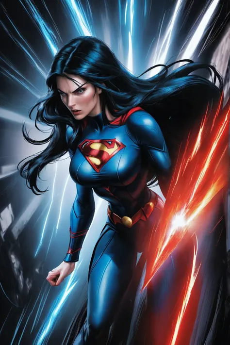 a woman with long black hair and blue eyes, wearing a red and blue superhero costume, powerful superhero pose, dynamic action sc...