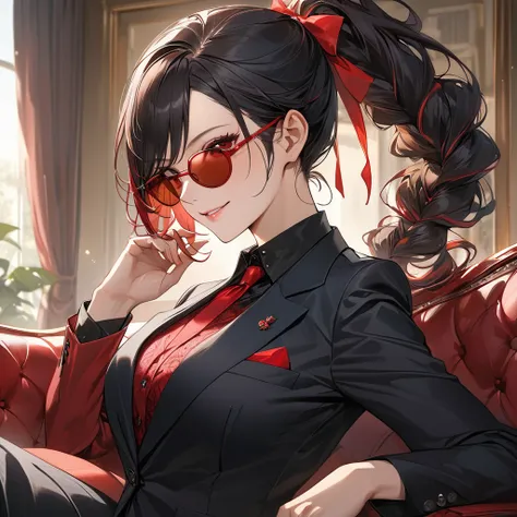 (red-frame sunglasses:1.3), nihilistic smile, Beautiful mature woman, red eyes, black hair:1.3),  swept bangs, long hair, ponytail hair, braid, business suit, medium chest, red hair ribbon, upper body, living, couch, masterpiece, best quality, ultra detail...