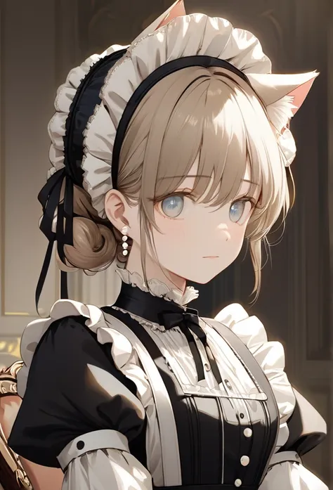 Upper body close-up（((masterpiece), on)"A highly detailed illustration of an anime-inspired cat-eared maid dressed in a classical Victorian-style maid outfit. The character has cat ears and a gentle, demure expression, with wide, soft eyes that show a sens...