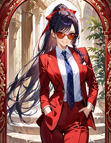 (red-frame sunglasses:1.3), nihilistic smile, smoking a cigarette, Beautiful mature woman, red eyes, black hair:1.3),  swept bangs, long hair, ponytail hair, braid, necktie, formal business outfit clothes, red business suit, medium chest, hair ribbon, cowb...