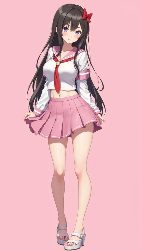 (masterpiece, best quality:1.2), 1 girl, Solitary,Standing, Long hair，Pink skirt，big breasts, cleavage, (photorealistic), japanese high school girl, slender, 3D, anime, sexy, submissive, erotic, sailor suit, student uniform, pink background, pastel color p...