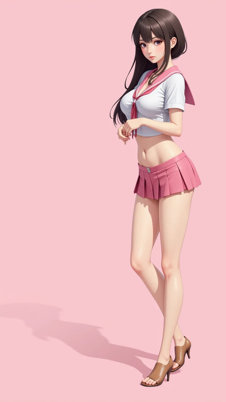 (masterpiece, best quality:1.2), 1 girl, Solitary,Standing, Long hair，Pink skirt，big breasts, cleavage, (photorealistic), japanese high school girl, slender, 3D, anime, sexy, submissive, erotic, sailor suit, student uniform, pink background, pastel color p...