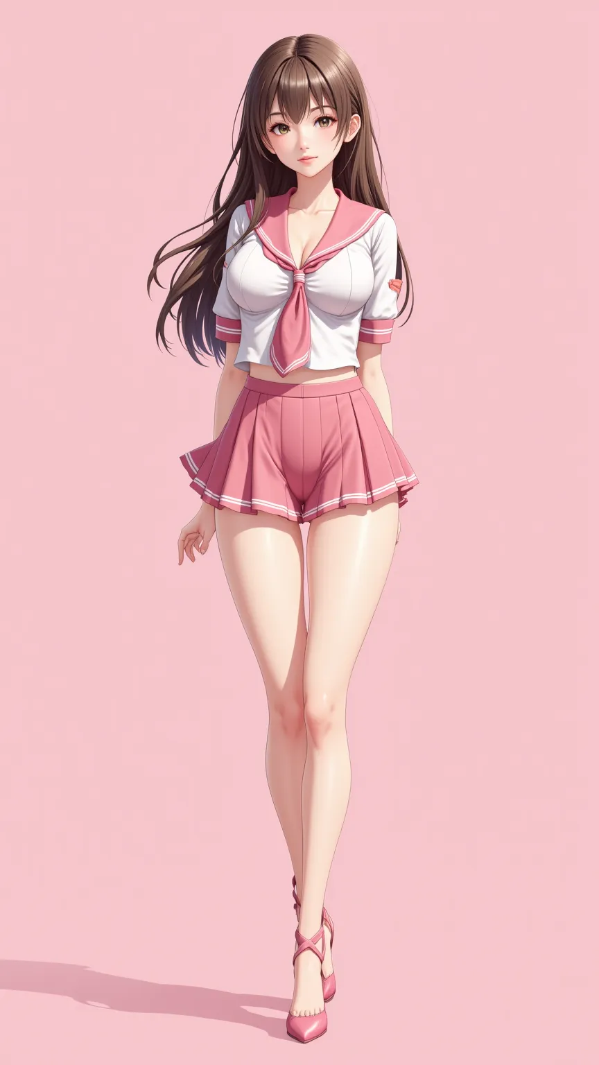 (masterpiece, best quality:1.2), 1 girl, solitary,standing, long hair，pink skirt，big breasts, cleavage, (photorealistic), japane...