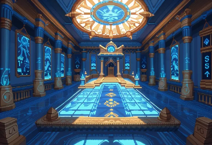 pixel art style, 16-bit pixel art, inside blue temple, blue ruined temple, mossy walls, blue concrete walls, dark, darkness, masterpiece quality, ultra HD, 4K, best quality,