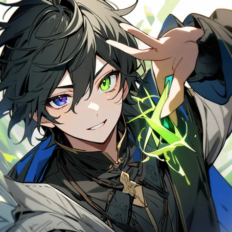 A young adult, medieval magician, with heterochromia in the eyes, right eye green and left eye brown,  Short black hair , with black clothes and white and dark blue details