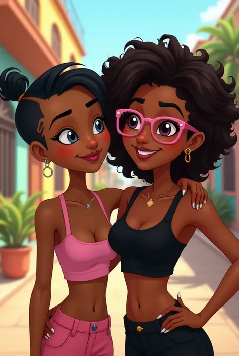  Disney Pixar style cartoon of two Brazilian friends , One is skinny, pele morena, very short black hair,  design shaved on your head , ama usar cropped e mini saia, tem um piercing no umbigo e ama rosa. The other one is a FAT person, Do you have an ampoul...