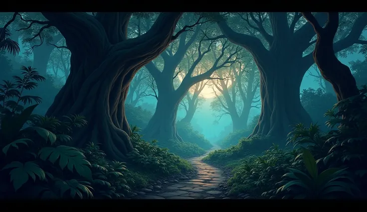 In cinematic 3d cartoon style "A dense forest with tall, ancient trees, thick foliage, and shadows casting long, eerie shapes. The sky is dimming as dusk sets in, with a hint of mystery and a feeling of being watched. A small path leads deeper into the jun...