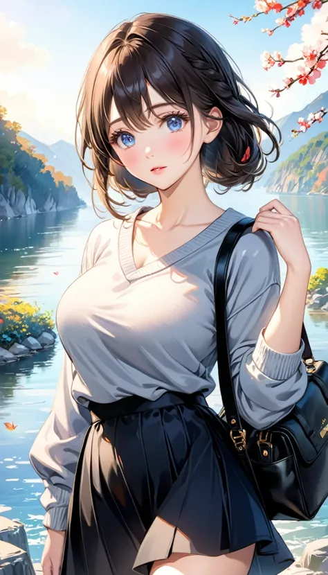  official art using high quality hand drawn watercolor sketch techniques. (Best Quality,4K,8k, Hi-Res,masterpiece:1.2),Super detailed, beautiful detailed eyes,Girl with beautiful eyes, everyone,  Beautiful Anime Girl ,  cute anime girl wearing black clothe...