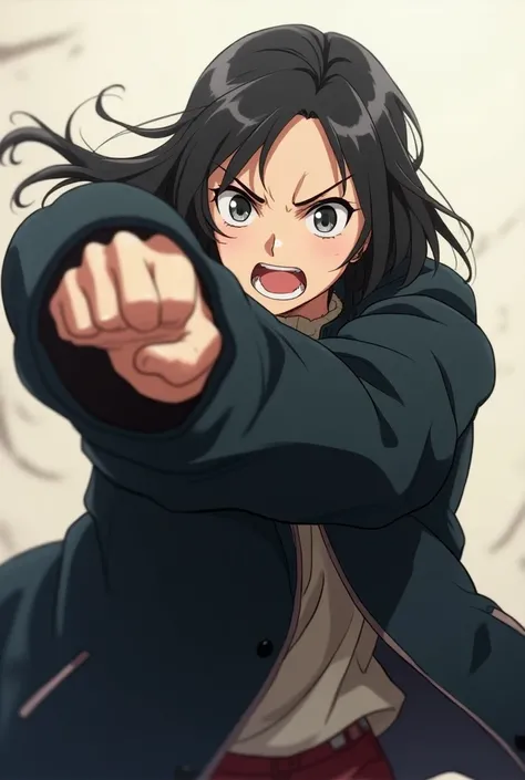 Anime girl in large black jacket about to slap someone