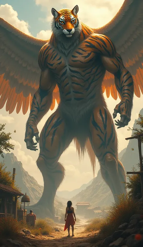 Tiger-Falcon titan humanoid, now towering over the village with an intimidating presence, its large body covered in fierce tiger stripes and sharp, powerful wings spread wide, yet its eyes soften as it gazes down at its young human friend, who stands befor...