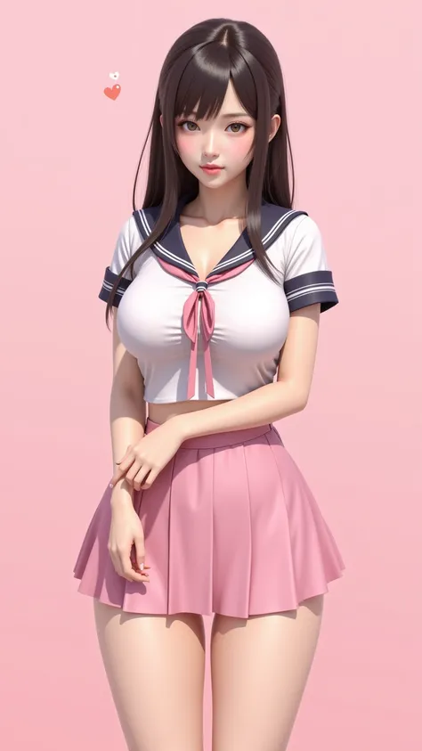 (masterpiece, best quality:1.2), 1 girl, Solitary,Standing, Long hair，Pink skirt，big breasts, cleavage, (photorealistic), japanese high school girl, slender, 3D, anime, sexy, submissive, erotic, sailor suit, student uniform, pink background, pastel color p...