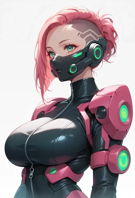 1girl,Cyberpunk Masks / Techwear Masks – Techwear front view, huge breasts,hair cut bob, pink and green colors, solo, simple background, white background, upper body, no humans, glowing, robot, mecha, zipper, science fiction, straight-on