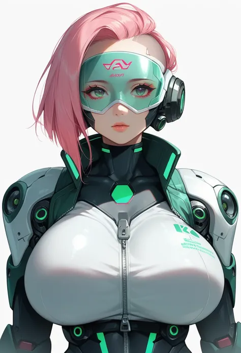 1girl,Cyberpunk Masks / Techwear Masks – Techwear front view, huge breasts,hair cut bob, pink and green colors, solo, simple background, white background, upper body, no humans, glowing, robot, mecha, zipper, science fiction, straight-on