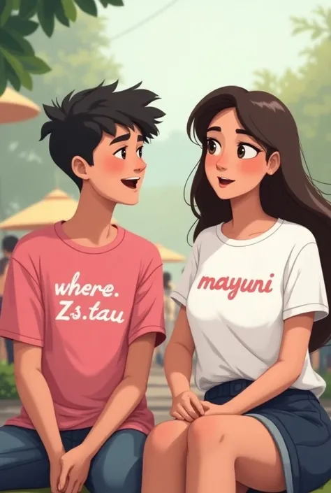 Create an animated 2d illustration of a pair of Indonesian guys and girls sitting with background watching in casual pink white t-shirt with name written "where.zs. TAU on her boys t-shirt and there is an inscription "MAYUNI on her girls t-shirt  